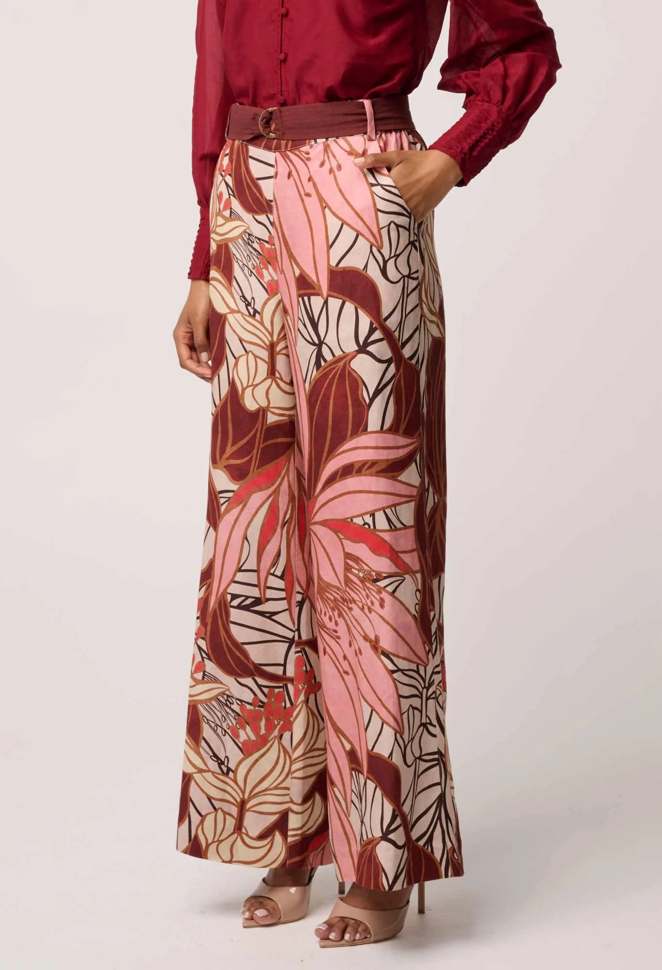 Adele Wide Leg Belted Pant - Cathedral Botanic