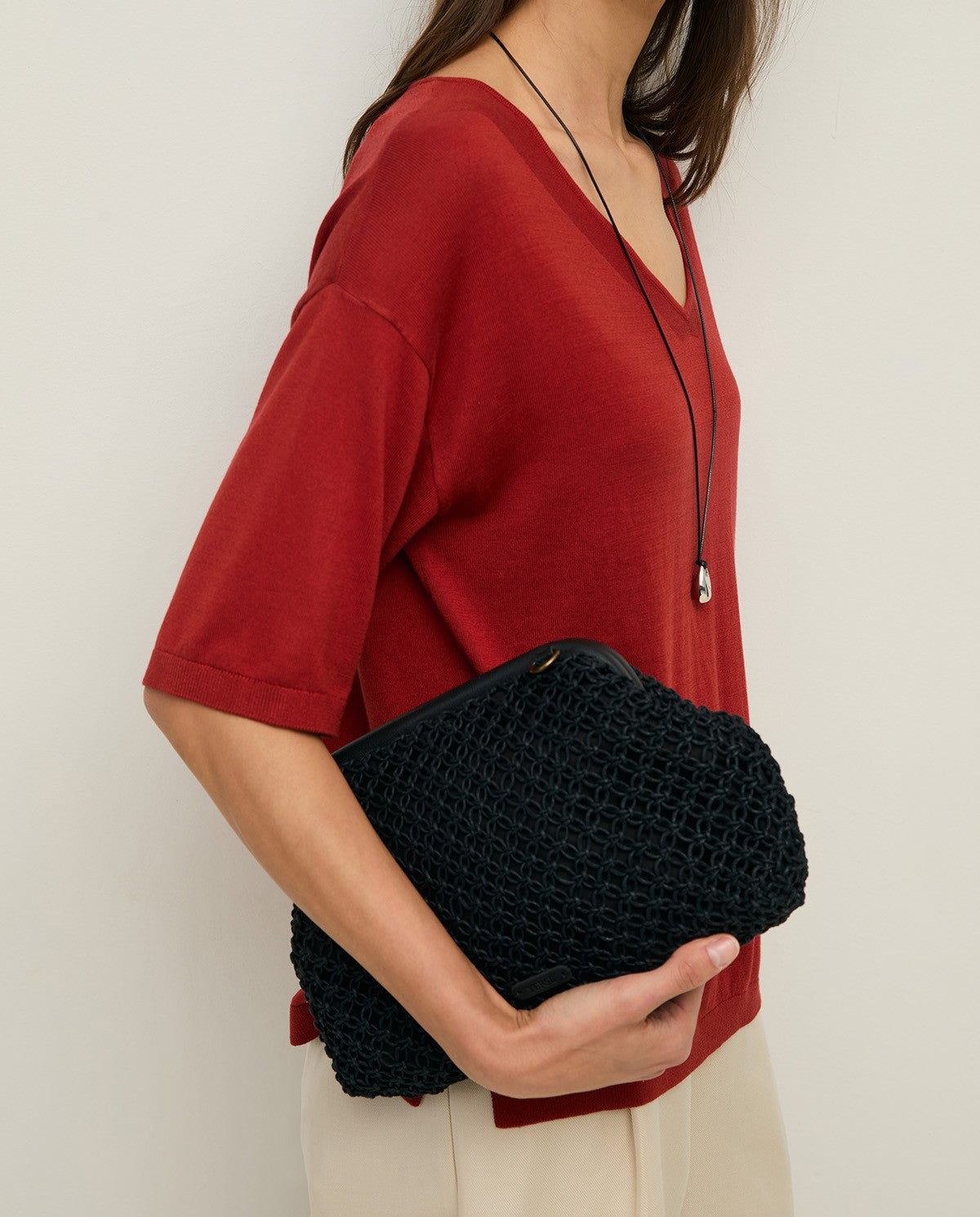 Crochet and Leather Clutch - Nero