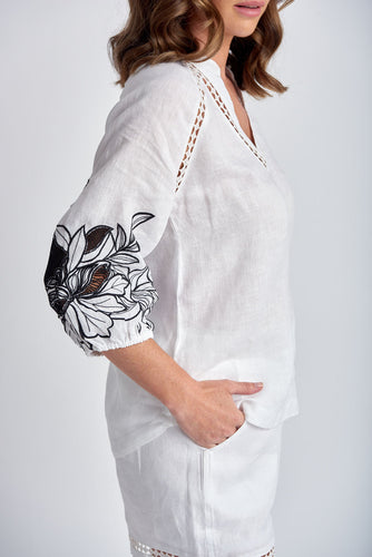 Embroidered Blouse with Lace Insert