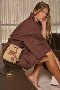 Leather Trim Raffia Pocket